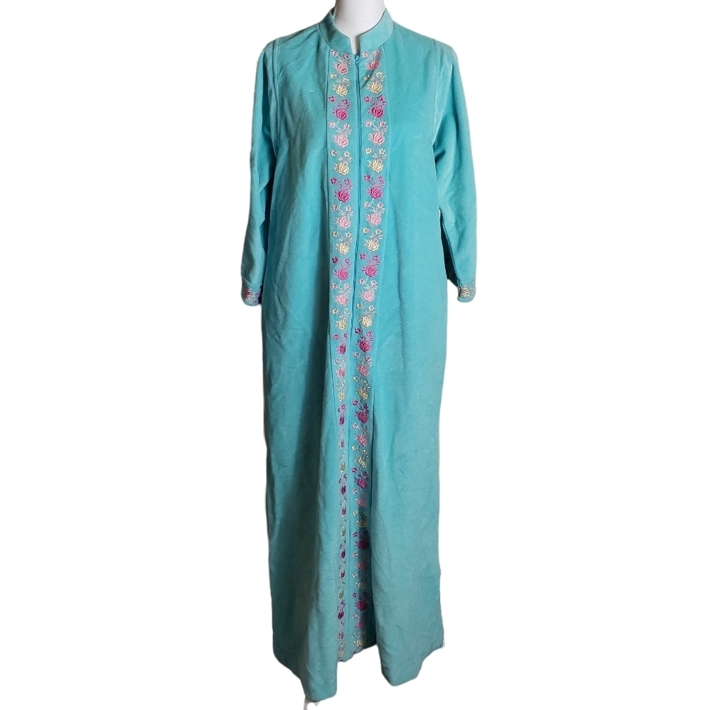 Vintage Evelyn Pearson Blue Velour Robe Sz M Floral Embroidered Zip Up Lounge